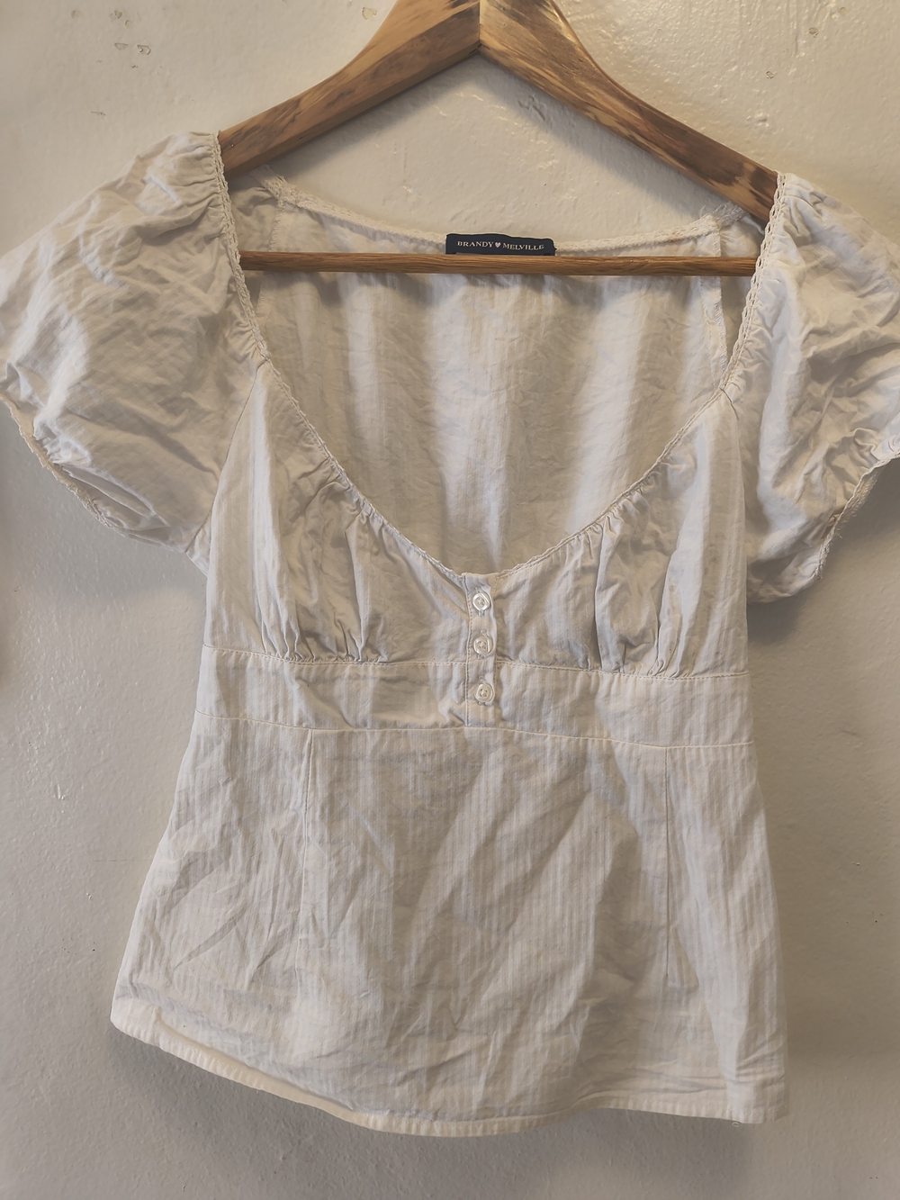 Brandy Melville White Puff Sleeve Lace Trim Blouse - Picture 2 of 9